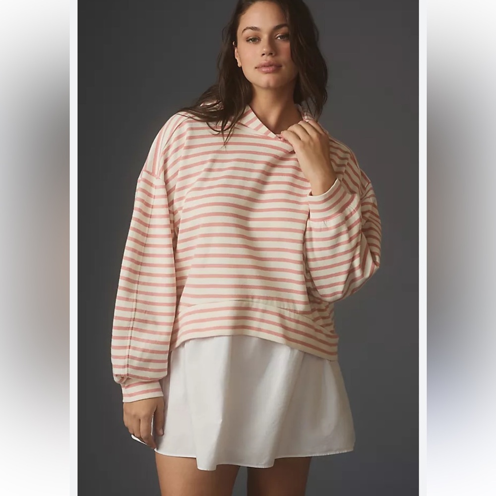 NWT Pilcro Anthropologie Hooded Sweatshirt Twofer Mini Dress Pink/White Size LP
